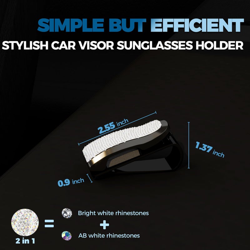ROSON Sunglass Holder for Car Sun Visor, 2 Pack Glasses Holder Clip Hanger Eyeglasses Mount for Car with Bling Rhinestones Crystal Ticket Card Clip (White) - Image 5